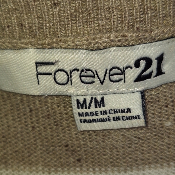 Forever21 Sweater Wool Blend SzM Long Sleeve Contrast Stripe Taupe/Creme V Neck - Picture 4 of 7